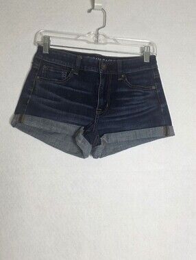 AMERICAN EAGLE Women's Dark Wash Super Stretch Cuffed Hi-Rise Shortie Shorts 2